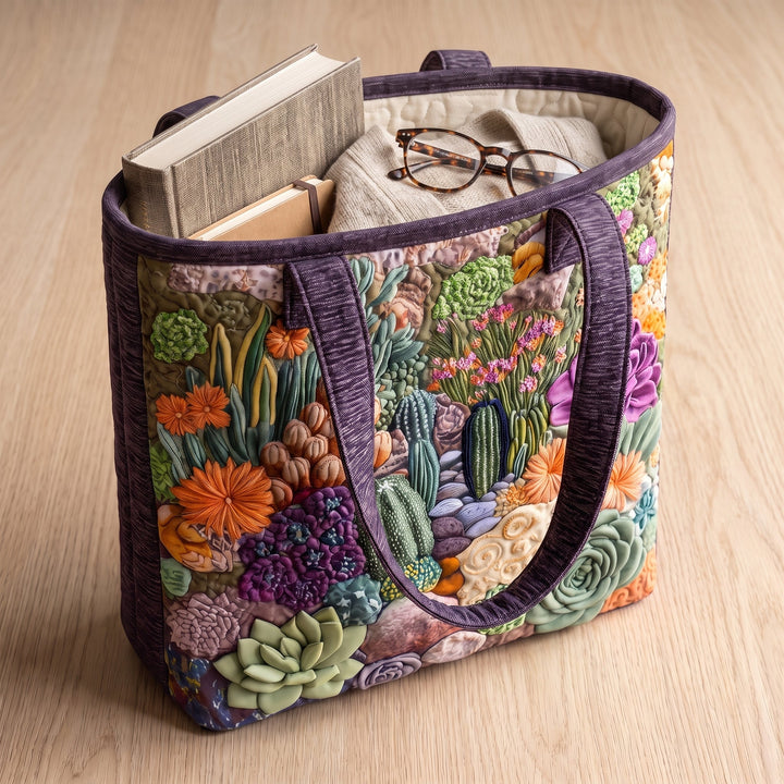Bolso Tote Artesanal — Jardín de Suculentas: con un libro de tapa dura, un suéter doblado y lentes de lectura