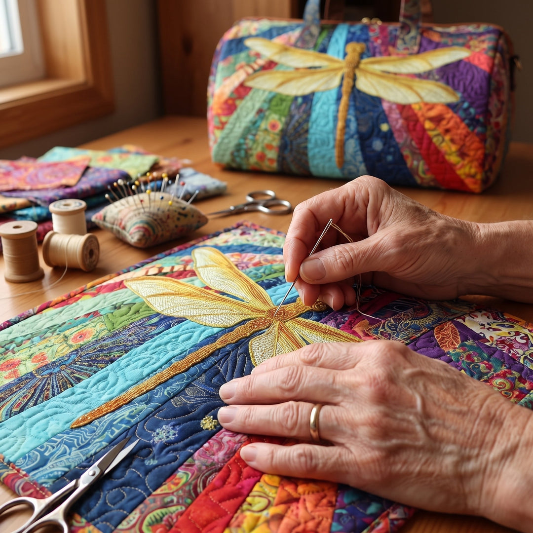 Bolso de Viaje Acolchado — Flor en Vuelo: primer plano del acolchado a mano