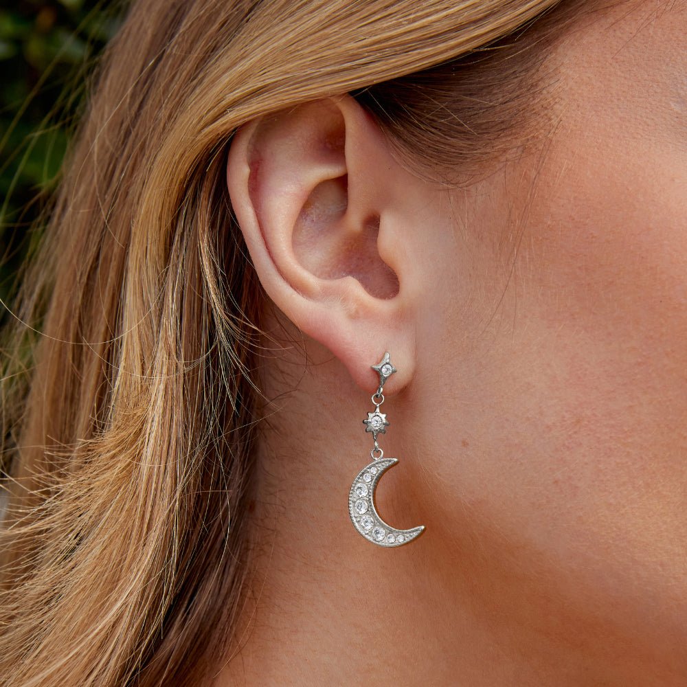 Silver Crystal Moon & Star Earrings