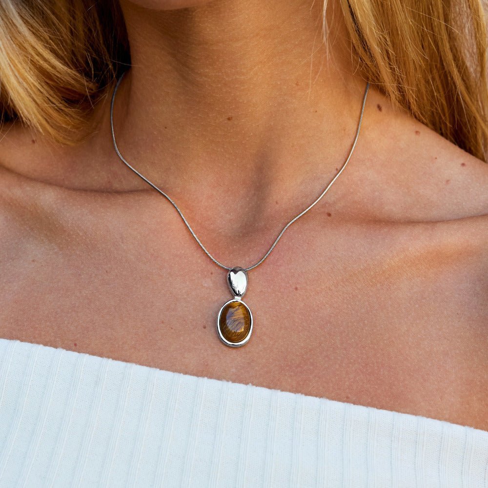 Silver Tiger Eye Stone Long Necklace