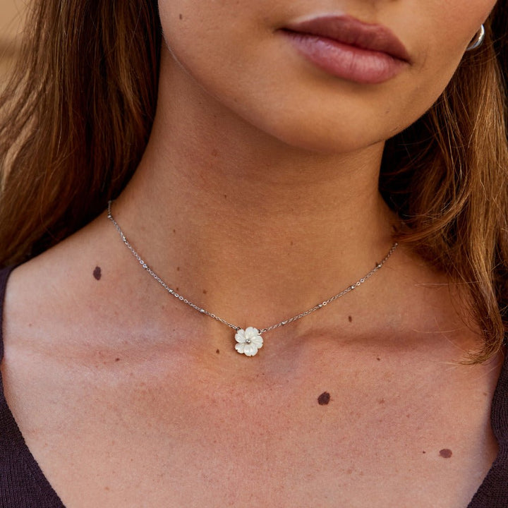 Silver White Blossom Flower Necklace