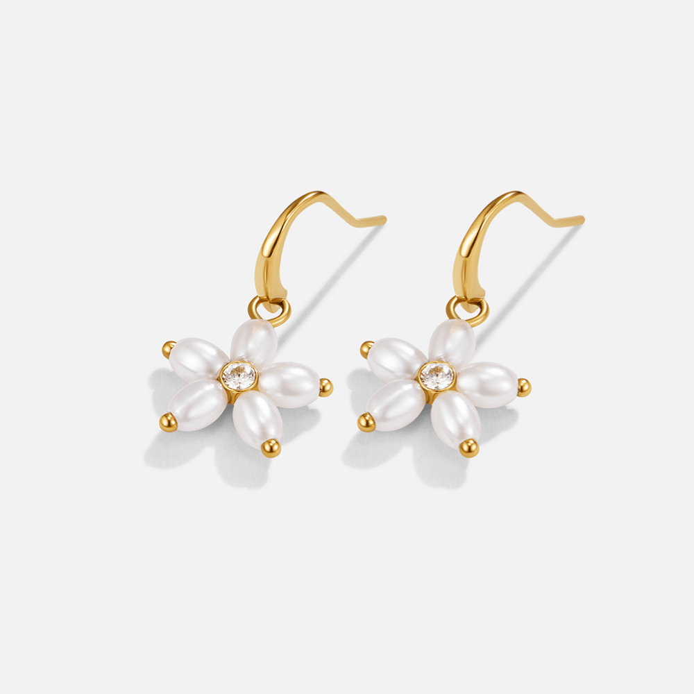 White Flower Pearl Drop Earrings