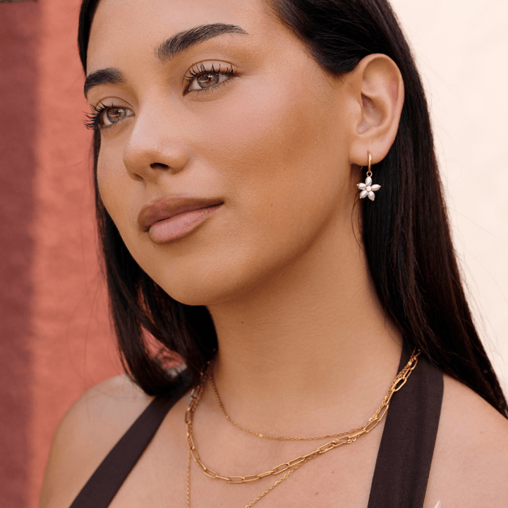 White Flower Pearl Drop Earrings